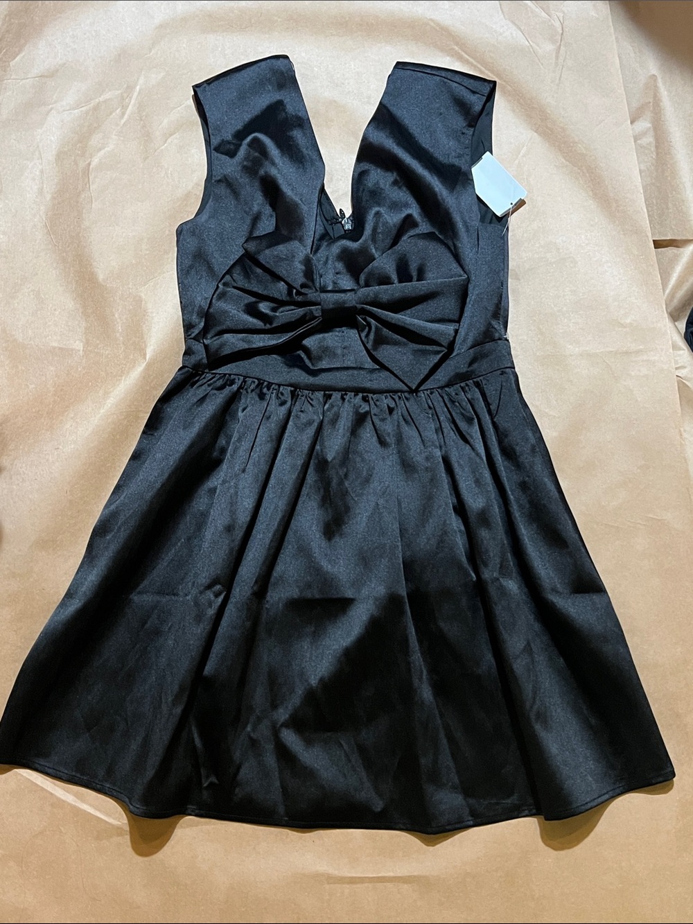 Adelyn Rae Black Satin V-Neck Mini Dress with Front Bow
